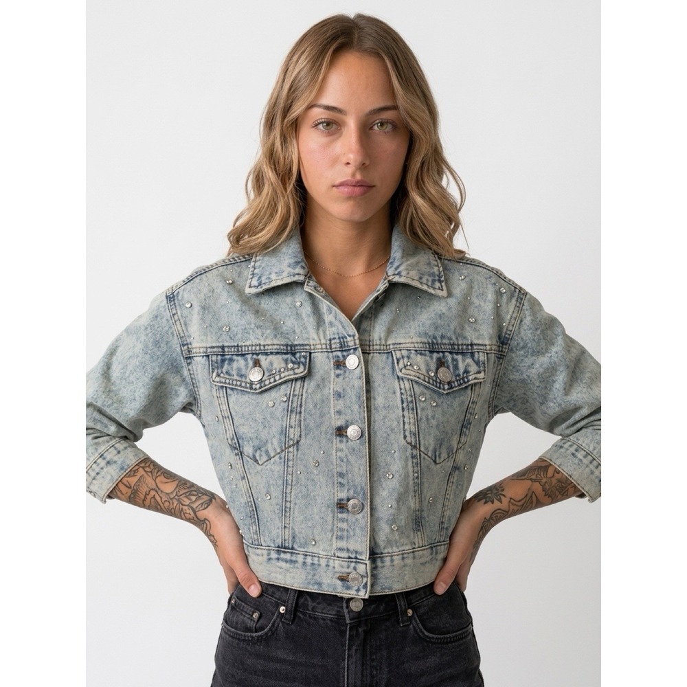 Cisono Studded Rhinestone Denim Jacket Sz S Cropped Boho Festival Western(8-b63)